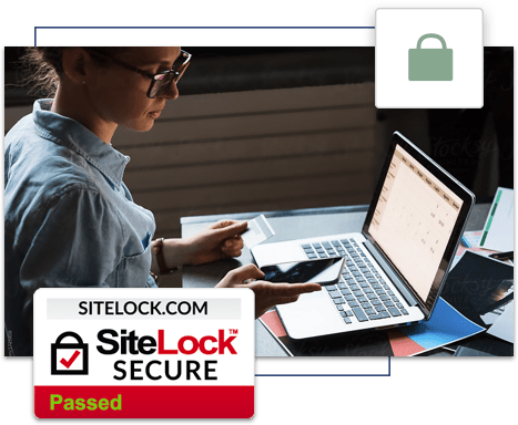 SiteLock Secure logo with woman looking at credit card, laptop, and mobile phone at desk